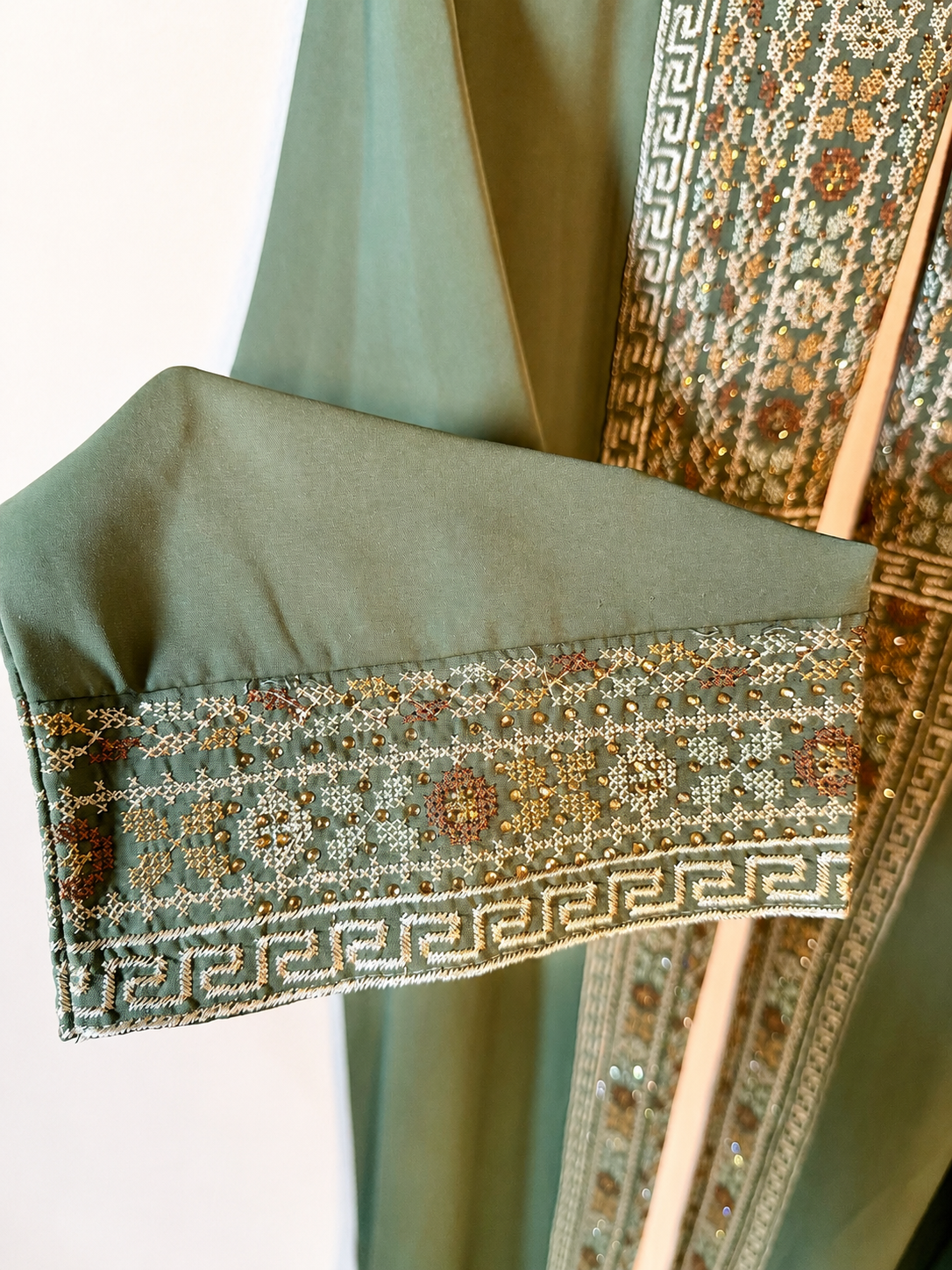Sage Heritage Embroidered Open Abaya