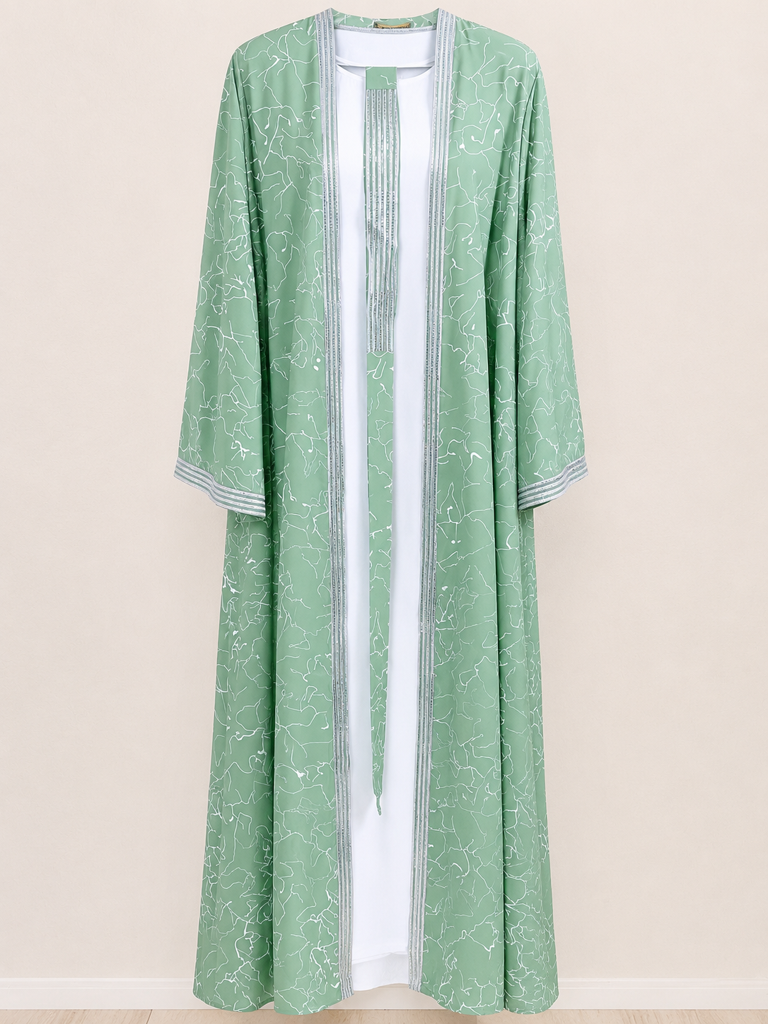 Sage Mist Printed Open Abaya Set