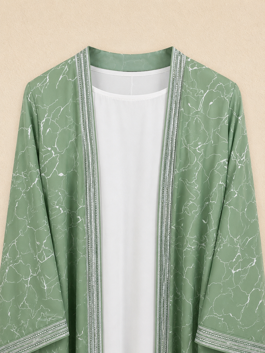 Sage Mist Printed Open Abaya Set