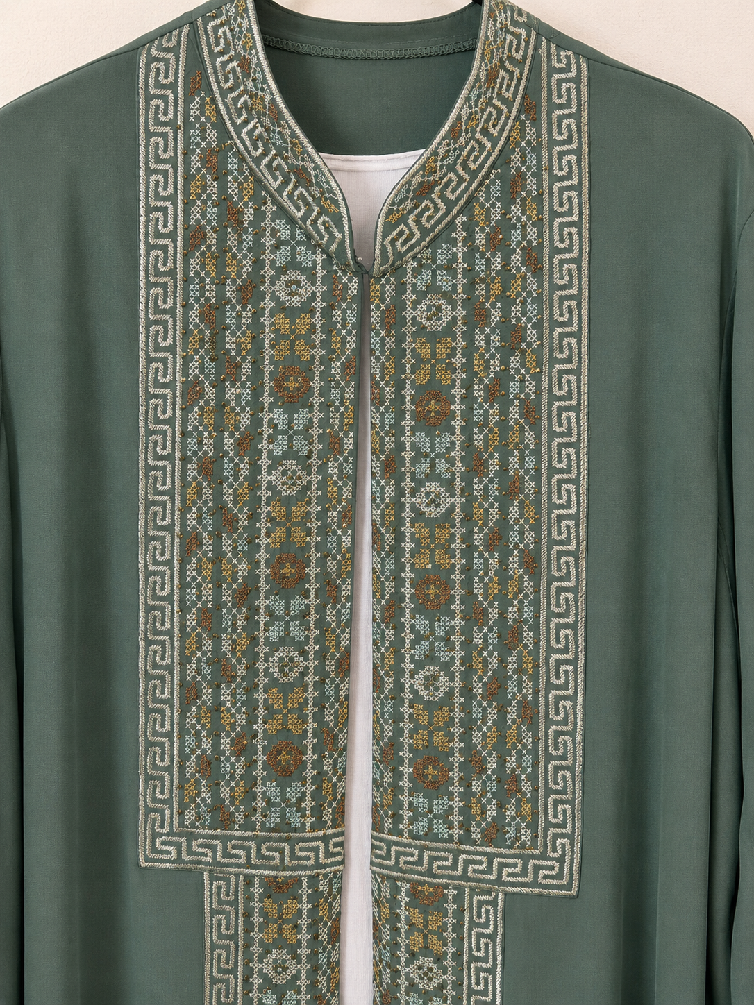 Sage Heritage Embroidered Open Abaya