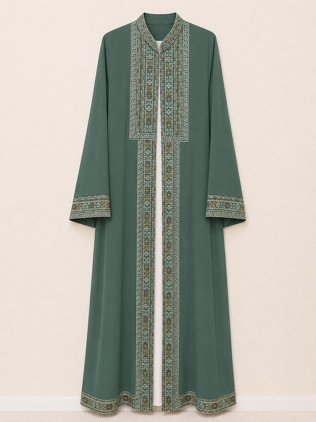 Sage Heritage Embroidered Open Abaya