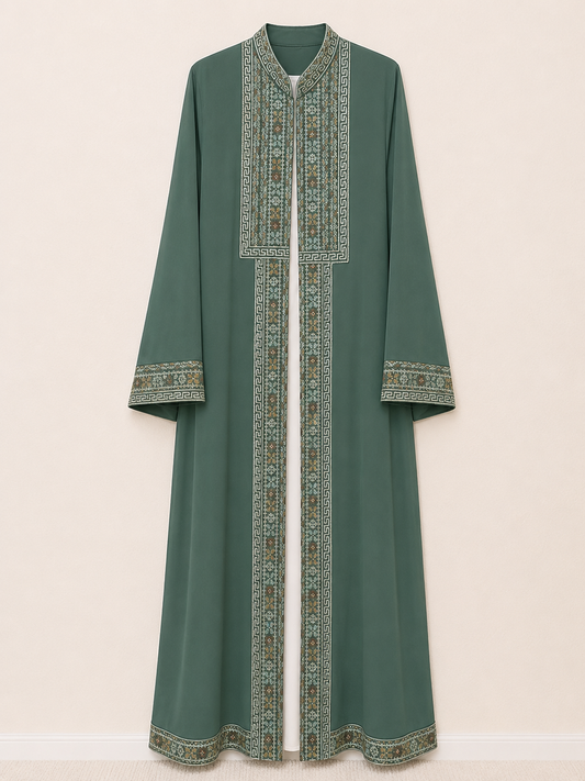Sage Heritage Embroidered Open Abaya