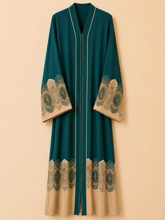 Royal Teal Embroidered Open Abaya